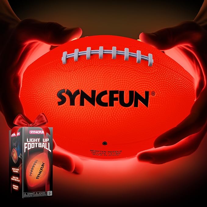 SYNCFUN Glow in the Dark Football for Boys, Light Up Football for Night Outdoor Sports Games, Red Glowing Ball, Ball Accessories Gifts for Teen Boy Toys Ages 3 Old and Up