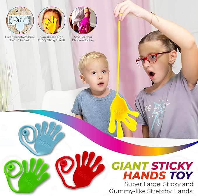 Jumbo Giant Sticky Hands, 13-in Total Length (2 Pack Assorted) Mega Large Fun Stretchy Silly String Toy for Kid Adult, Stress Anxiety ADHD Relief, Party Favors, Birthday Gift, Classroom Prizes
