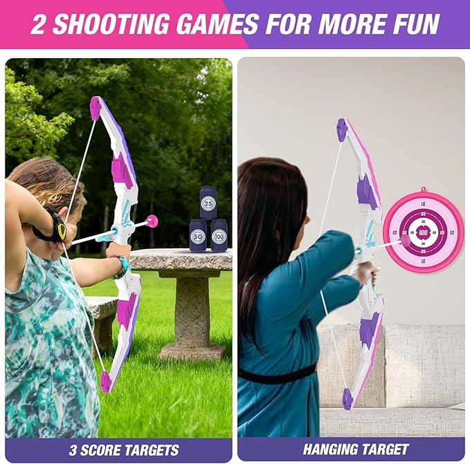 2 Pack Bow and Arrow for Kids, LED Light Up Archery Set with 24 Suction Cup Arrows, 2 Hanging Targets, 6 Score Targets & 2 Quiver, Indoor Outdoor Sport Toys for Girls Ages 4-12
