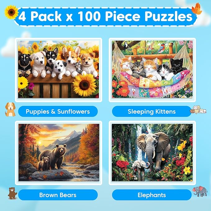 4-Pack 100 Piece Puzzles Dogs Cats Bears Elephants Puzzle for Kids Ages 4-8 8-10, 100 Piece Jigsaw Puzzle for Adults Seniors Children Learning Educational Puzzles Toys Birthday Gifts for Girls Boys