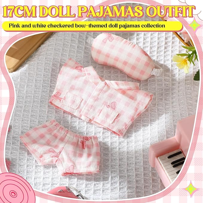 Simgoing 17cm Doll Clothes Pajamas Set with Pants Eye Mask Good Night Bedding Clothes Outfit Gifts Fits Most 17cm Dolls Accessories for DIY Dress up Lovers(Pink Bow)