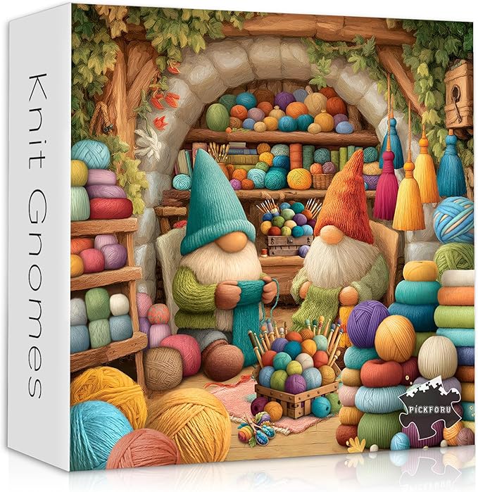 Funny Knitting Gnomes Puzzle for Adults 1000 Pieces，Vintage Cozy Yarn Workshop Colorful Art Puzzle，Cute Sewing Room Gnomes Jigsaw Puzzle Challenge