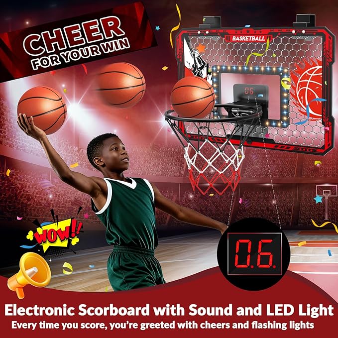 Over The Door Basketball Hoop, 2025 Upgrade Indoor Basketball Hoop with LED Lights and Scoreboard, Includes 3 Balls & Pump, Toys Gifts for3 4 5 6 7 8 9 10 11 12 Year Old Boys - Mini Basketball Hoop
