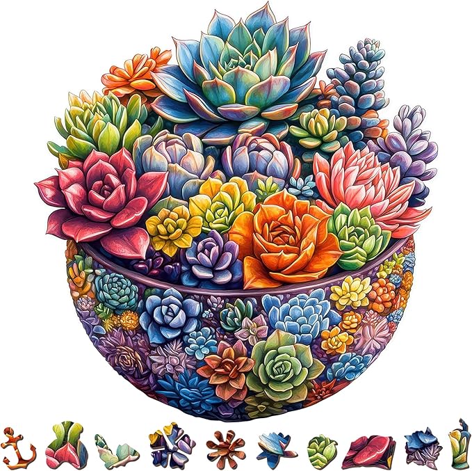 216 Piece Colorful Succulent Bowl Wooden Jigsaw Puzzle for Adults - 12.2x12.6’’ Vibrant Floral Plant Puzzle, Relaxing Family Activity, Unique Gift for Garden & Nature Lovers (Succulent)