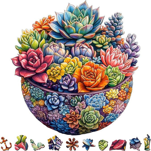 216 Piece Colorful Succulent Bowl Wooden Jigsaw Puzzle for Adults - 12.2x12.6’’ Vibrant Floral Plant Puzzle, Relaxing Family Activity, Unique Gift for Garden & Nature Lovers (Succulent)