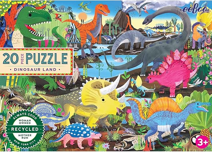 eeBoo 20 Piece Jigsaw Puzzle - Dinosaur Land Children's Puzzle Prehistoric Themed, Large Pieces for Small Hands to Develop Motor Skills