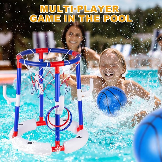 Taotuo Blue Floating Pool Basketball Hoop, 2-in-1 Basketball & Ring Toss Game with 4 Balls, 6 Rings&Pump, Summer Pool Toys Outdoor Water Fun Family Party for Age 3-12