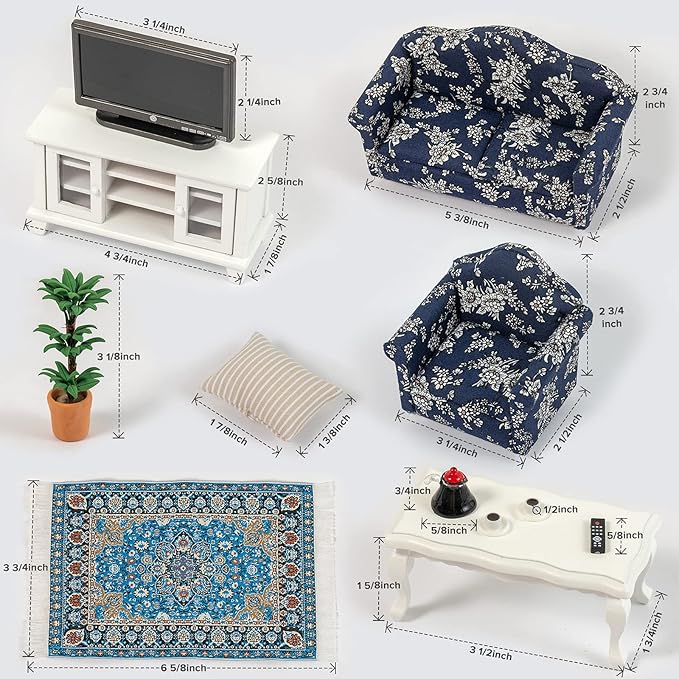 SAMCAMI Miniature Dollhouse Furniture 1 12 Scale - Wooden Dollhouse Furniture Set for Dollhouse Living Room - Doll House Furniture Incl Sofa, TV Cabinet, Coffee Table and Other Accessories (Blue)