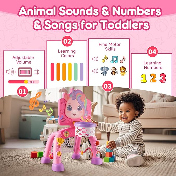 Toddler Basketball Hoop & Soccer Goal Activity Center, Interactive Toys with Light Music,Unicorn Toddlers Musical Toys Gift, Baby Birthday Easter Gifts Gift for 1 2 3 Year Old Boys Girls