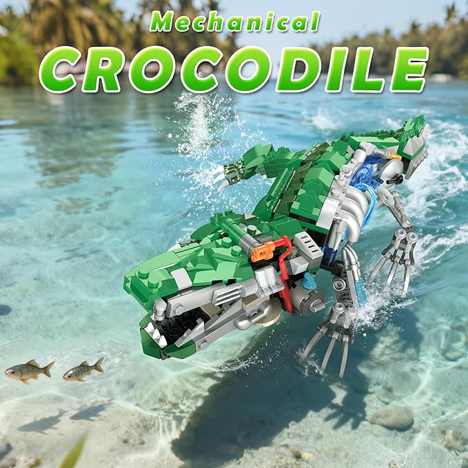 Kinetic Mechanical Crocodile Building Kit - Light-Up Interactive Animal Model with Hand-Crank Moving Jaw, Claws & Tail - STEM Construction Toy for Kids & Adults