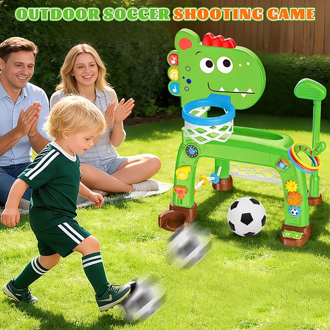 4-in-1 Toddler Basketball Hoop Soccer Goal with Golf Game and Ring Toss, Dinosaur Toys for 1 2 3 Year Old Babies Boys Girls, Kids Sports Toy with Light Sound Music, Xmas Birthday Gifts for Toddlers