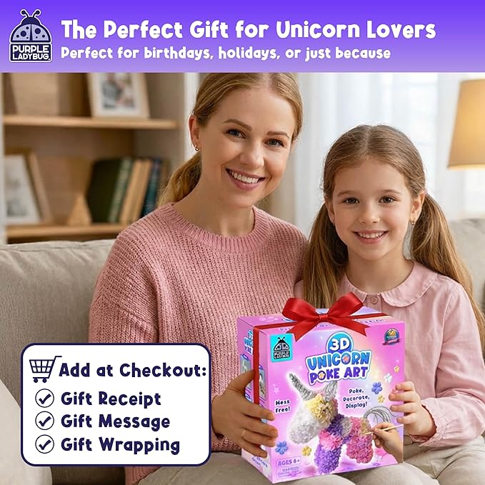 PURPLE LADYBUG Unicorn Poke Art Kit - 3D DIY Foam Figurine Craft Set, Mess-Free Floral Decorating Toy, Creative Art Activity for Kids Ages 4-10 - Giftable Craft Kit for Girls
