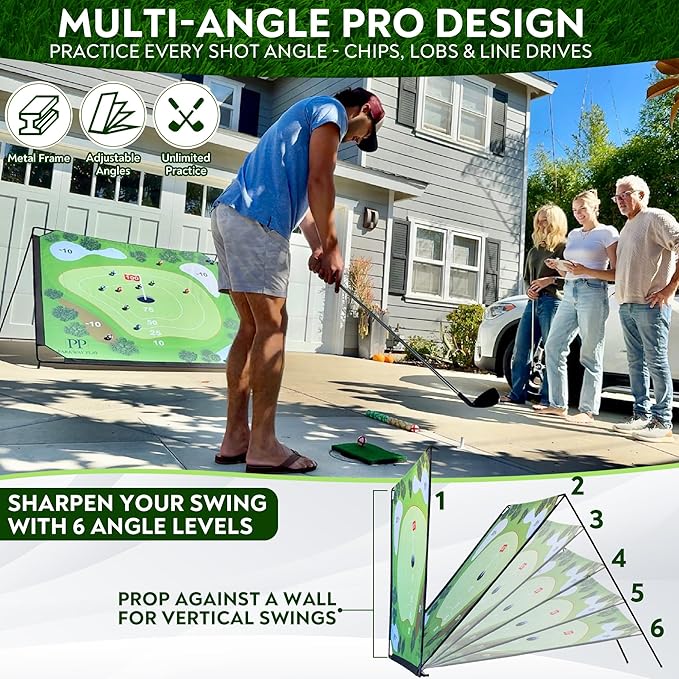 Sticky Golf Chipping Game Set - 6x6 ft Metal Frame with 2 Adjustable Clubs, 25 Sticky Balls, Turf Chipping Mat & Scoreboard - Backyard Golf Target Game for All Ages for Indoor/Outdoor Practice