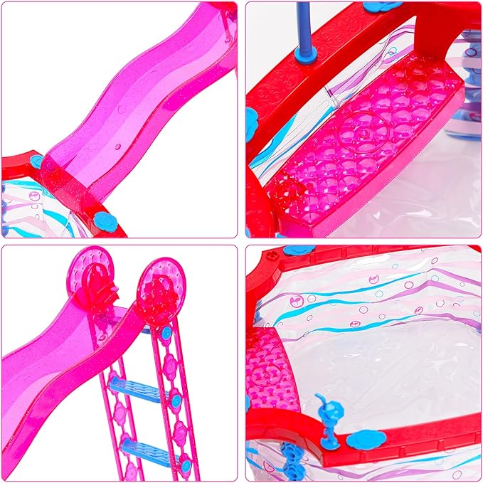 ENOCHT 46 Pcs Doll Pool Playset, Doll Pool with Slide Accessories Includes Mermaid Swimsuit, Beach Umbrella, Chair, Towel, Drink, Swimming Ring and Others Accessories fit for 11.5 inch Girl Dolls