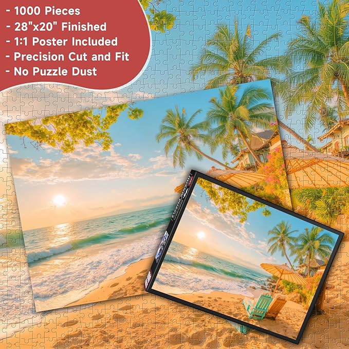 Tropical Beach Sunset 1000 Piece Puzzle for Adults - Coastal Paradise Art, Palm Tree Lounge Chair Scene, Poster & Lettered Back, 28"x20" HD, Gift for Travel & Relaxation Lovers