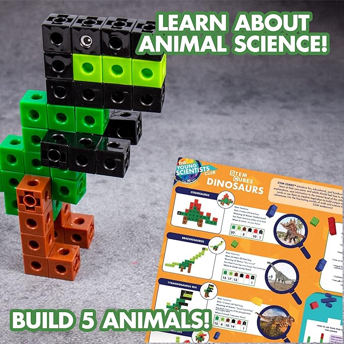 The Young Scientists Club Dinosaur STEM Cubes, Build, Learn & Create with 100+ Math Cubes Manipulatives, 2-in-1 Educational Games, Math Cubes for Kids Ages 4-8, Awesome Learn Through Play Toys Multi