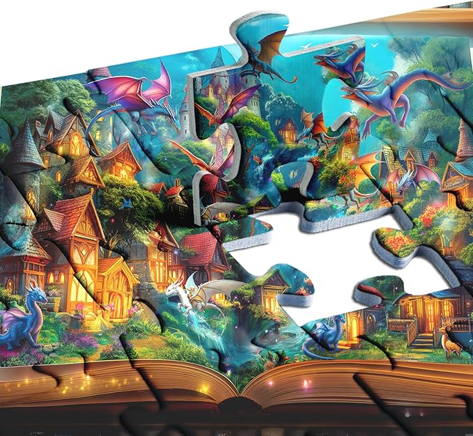Dragon Puzzle for Adults 1000 Pieces, Magic Library Book Puzzles Nature Forest Animal, Fantasy Dinosaur Jigsaw Puzzle, Impossible Difficult Hard Challenge for Adult