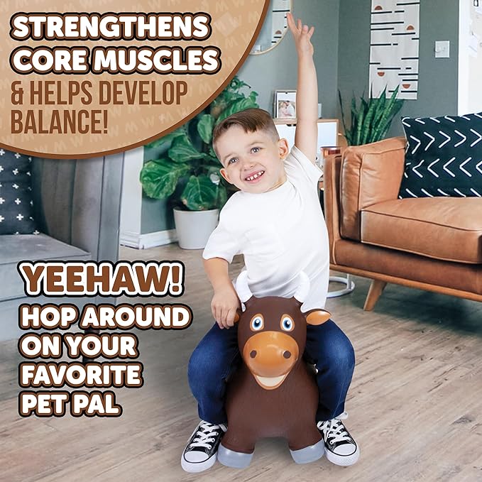 WADDLE Bouncy Hopper Inflatable Hopping Animal, Indoors and Outdoors Toy for Toddlers and Kids, Pump Included, Boys and Girls Ages 2 Years and Up (Brown Bull)