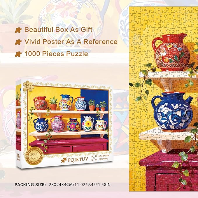 Puzzles for Adults 1000 Pieces - Vibrant Folk Art Puzzle with Colorful Hand-Painted Ceramic Design, Impossible Jigsaw Puzzles for Relaxation, Home Decor & Gift, 50x70cm (19.7x27.56in)