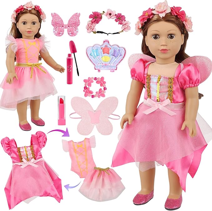 American 18 Inch Doll Makeup Accessories and Butterfly Fairy Theme Set,Included 2 Pieces Clothes,Flower Wreath Headwear,Eyelash Brush,Eye Shadow,Bracelet,Butterfly Strap and Hair Clip(NO Doll)
