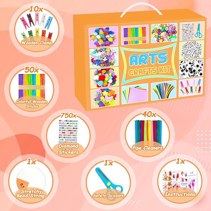 BNUZEIYI 2000 PCS Arts and Crafts Supplies for Kids All-in-1 Craft Kit with Pipe Cleaners Craft Box Set DIY Crafting Supply School Supplies Toys Gifts for Girls Boys Ages 4-6, 6-8, 8-12, Orange