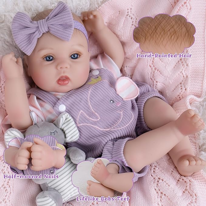 EKOKIZ Lifelike Reborn Baby Dolls - 18 Inch Realistic Baby Doll Cloth Body Newborn Girl with Elephant Outfit & Accessories, Gift Box Included for Kids Role Play, Cuddling & Collectors