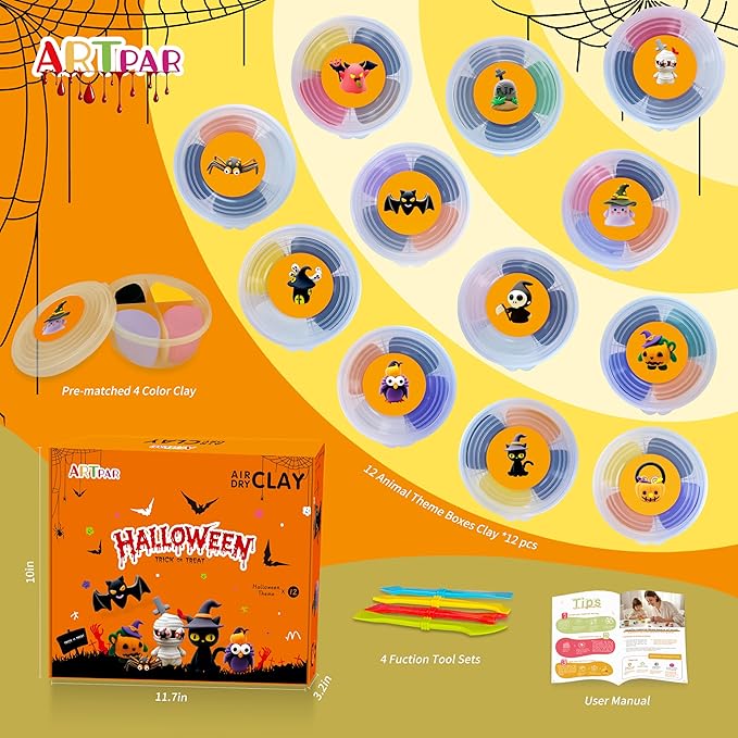 Halloween Crafts for Kids,Air Dry Clay Crafts Kit,12 Boxes Modeling Magic Soft Clay Art Sculpting Supplies,DIY Molding Clay Kit Hallowmas Pumpkin Party Favors for Boys & Girls Age 3-12