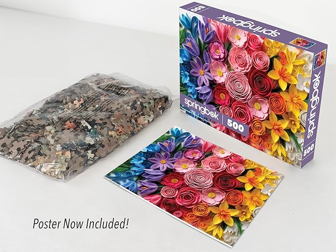 Springbok Quilled Flower Garden 500 Piece Jigsaw Puzzle for Adults - Poster Now Included - Gradient Paper Cut Floral - Unique Cut Pieces - Made in USA