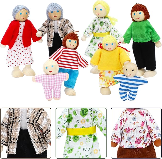 ONEST 20 Pieces Wooden Dollhouse Family Set Mini People Figures Dog Cat Sets Dollhouse Dolls Wooden Doll Family Pretend Play Figures Accessories for Pretend Doll House Toy