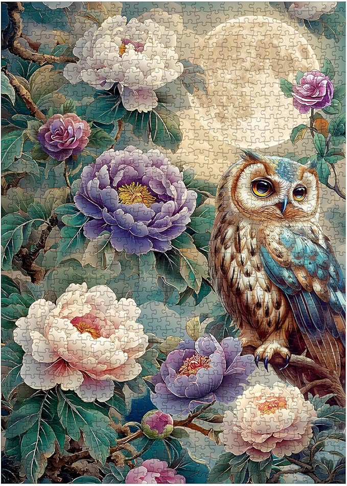 Vintage Owl Puzzles for Adults 1000 Pieces, Pretty Flower Bird Nature Plant Jigsaw Puzzles, Art Beautiful Animal Moon Floral Peony Puzzle