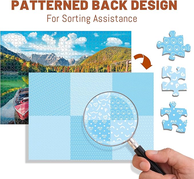 BenBen 1000 Piece Puzzle for Adults, 4 Pack Jigsaw Puzzles with Letters or Patterns on Back, Dogs' Dinner Party, Dogs on Vacation, Sunset Seaside, Fusine Lake Themes
