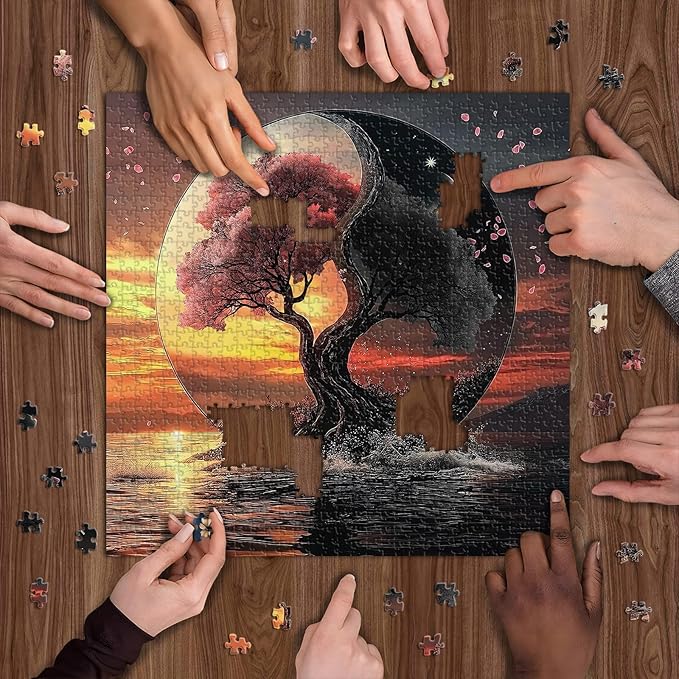 Fantasy Landscape Puzzle for Adults 1000 Pieces, Day and Night Tree Nature Jigsaw Puzzle Challenge, Yin Yang Scenery Puzzles