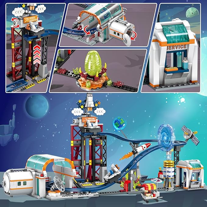 HOGOKIDS Space Roller Coaster Building Toy 926PCS Coaster Building Set Features Lift Platform, Satellites, Rocket Buildable Space Rollercoaster Adventure Park for Adults Kids Girl Boy Ages 6+years old