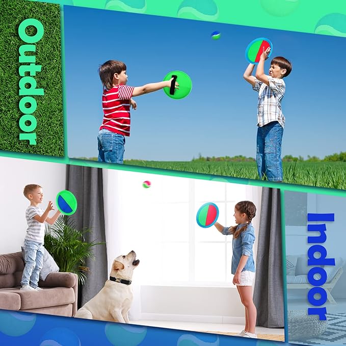 Charniol Kids Toys Toss and Catch Game Set Beach Game Outdoor Ball Sports Games Toss and Catch Ball Nylon Toys for Kids Adults(Blue Green, Pink Green,12 Paddles 6 Balls)