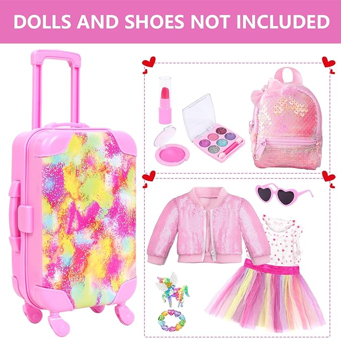 BDDOLL American 18 Inch Doll Clothes and Accessories with Travel Suitcase and Makeup fit 18 Inch Doll Includes Suitcase, Backpack, Sunglasses Lipstick, Eyeshadow Palette, Bracelet, Hair, Blusher