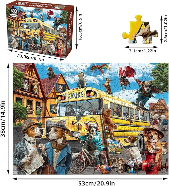 Puzzles for Adults 500 Pieces, Pet School Bus 500 Piece Puzzle Family Game Funny Dog Jigsaw Puzzles