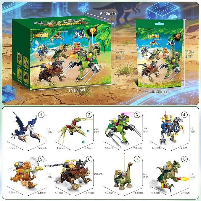 700 Piece Dinosaur Building Set - 8 Battle Dinosaurs with Launchable Weapons, Compatible Building Blocks, STEM Educational Toy for Kids Ages 8-14