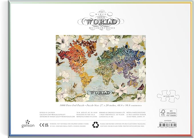 Galison Winged Metamorphosis – 1000 Piece Wendy Gold FOIL Jigsaw Puzzle Featuring Beautiful Artwork of A Butterfly Inspired World Map