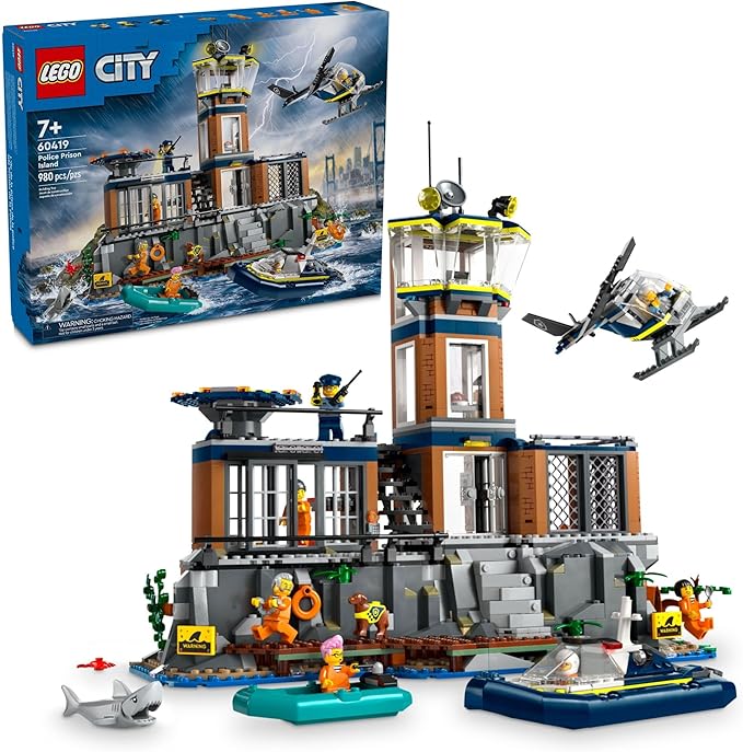 LEGO City Police Prison Island Building Set, Birthday Gift for Boys and Girls Ages 7 Plus, Imaginative Play, Helicopter Toy, Boat Toy and Dinghy, 7 Minifigures with Dog and Shark, 60419