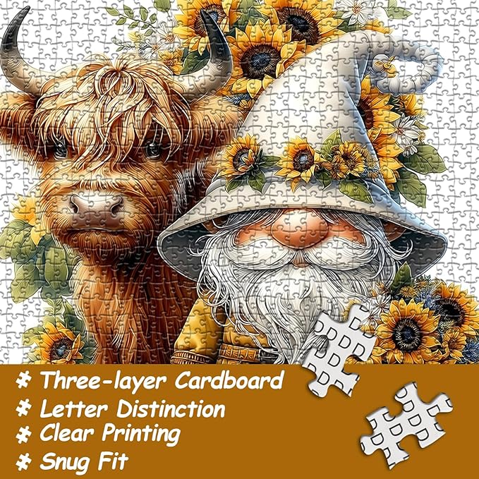 Highland Cow Gnome Puzzles for Adults 1000 Pieces, Nature Sunflower and Cow Puzzles, Animal Plant Floral Themed Jigsaw Puzzles Challenging for Adults