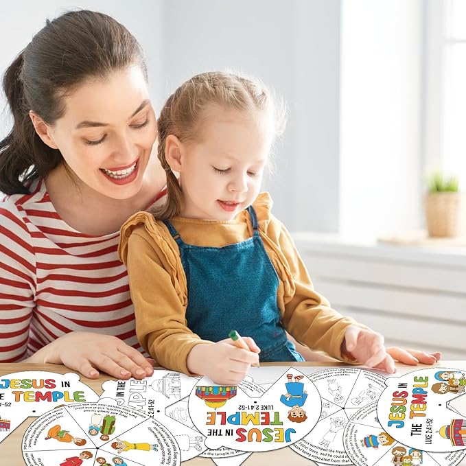 COcnny Easer Religious Coloring Craft- 24 Sets Color Your Own Christian Art Craft DIY Spining Cards for Kids, Jesus in the Temple Paper Craft Art for Sunday School Home Class Bible VBS Activities