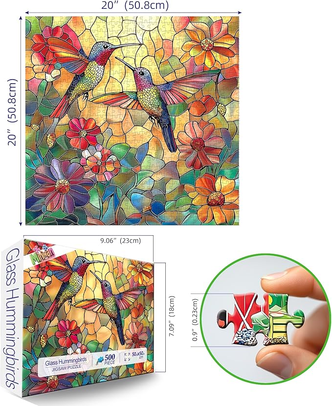 MINIWAN Hummingbird Flower 500 Piece Puzzles for Adults, Stained Glass Jigsaw Puzzles 500 Pieces, Challenging Large Piece Art Puzzle for Gifts Party Family Fun Activity Games 20x20 Inches
