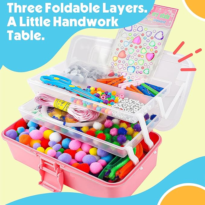SMILESSKIDDO Arts Craft Supplies for Kids - 1400+ PCS Toddler DIY Craft Art Supply Set, Portable 3 Layered Folding Storage Box School Craft Projects - Gifts for Girls Ages 4-8, 8-12, Pink