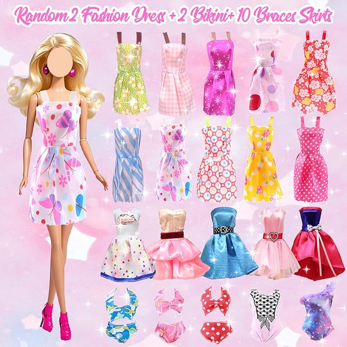 65 PCS Clothes and Accessories Including 5 Wedding Gown Dresses 10 Slip Dress 2 Fashion Dresses 2 Tops 2 Pants 2 Bikini 20 Shoes 22 Accessories for 11.5 Inch Girl Dolls in Random, for Girls
