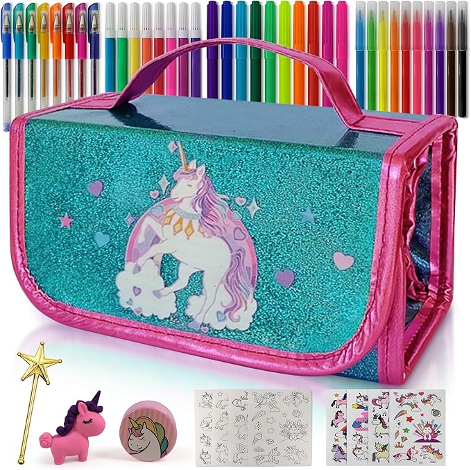Unicorn Pencil Case Kids Art Set With Fruit Scented Markers, Unicorn Gifts For Girls, Art Supplies For Kids, Birthday Gifts For Little Girls Age 3 4 5 6 7 8 Years Old, Washable Coloring Set Craft Kit