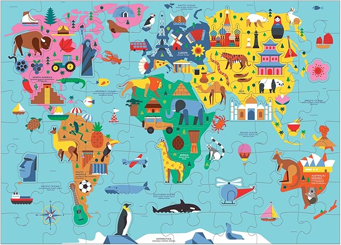 Mudpuppy Map of The World – 78 Piece Geography Puzzle with Special Shaped Pieces and Iconic Landscapes Cultural Items and More