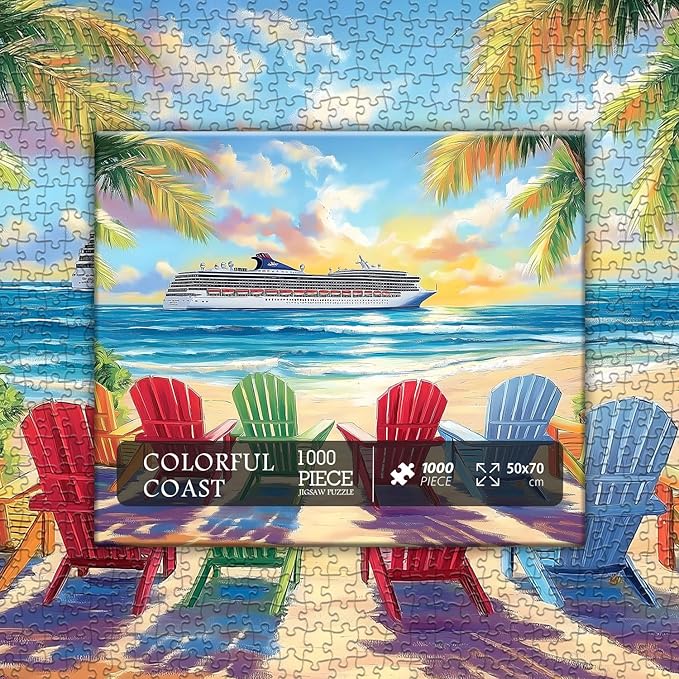 PICKFORU Beach Puzzles for Adults 1000 Piece, Rainbow Beach Lounge Chair Summer Puzzle, Colorful Ocean Jigsaw Puzzle Scenery as Coastal Wall Art