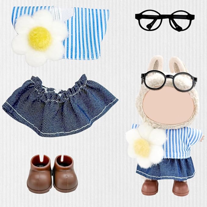 Clothes for Labubu 17cm Doll (NO Doll), 4 Piece Labubu Clothes Set, Cute Labubu Outfits with Accessories, Handmade Crochet La Bubu Doll Dress Up Set（Garden Baby）
