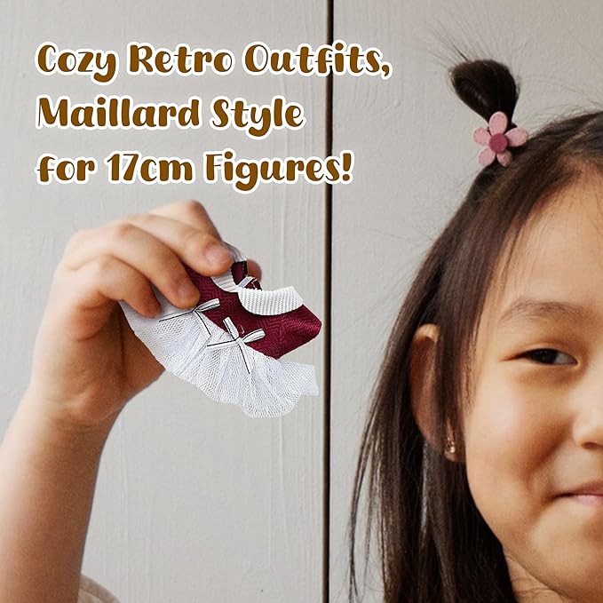 Handmade 17cm Doll Clothes - Cute Styles 15cm/17cm Dolls Outfits, Burgundy Bow - Burgundy Dress - Brown Shoes for Dress Up Gift（Including Shoes） (Wine red Set)