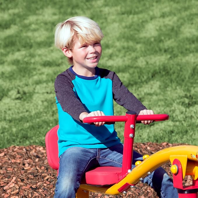 gym dandy Spinning Teeter Totter - Impact Absorbing Kids Playground Equipment - 360 Degree Rotation, Red, Yellow & Blue, 99 Inch, (TT360)